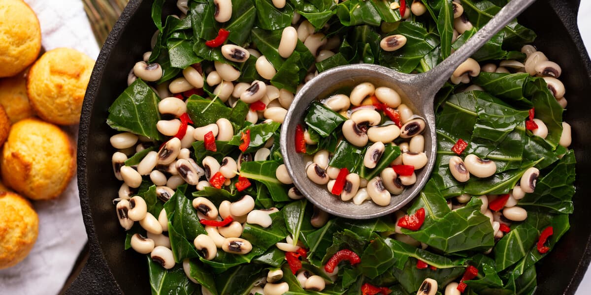 Close-up of collard greens and black-eye peas